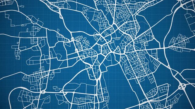 Ink reveal animation of Hanover (Hannover / Hannober) city, state of Lower Saxony, Germany, grid map. Aerial top view. Blueprint style. White lines with blue background. 4K Seamless loop.