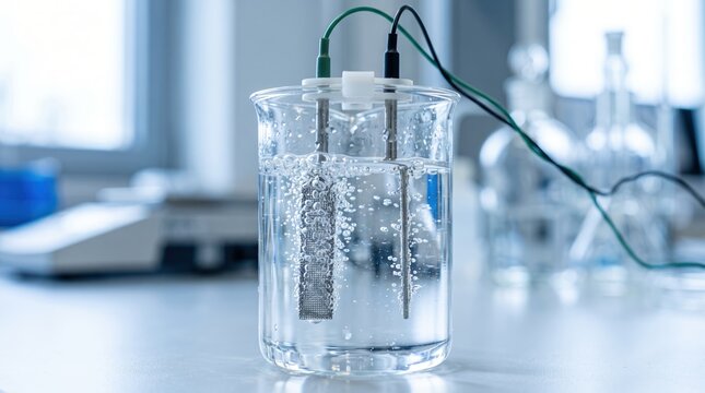 Clear glass beaker with bubbling liquid and electrode wires in lab setting