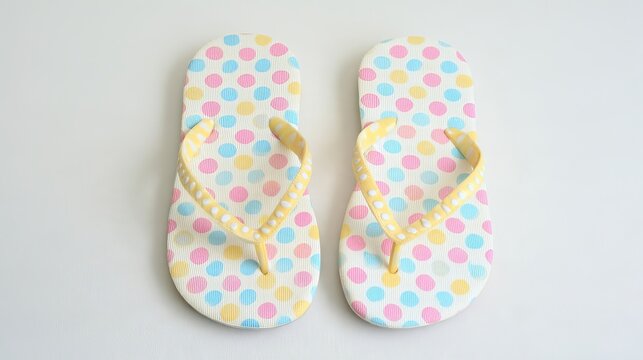 Two colorful beach sandals resting on white surface