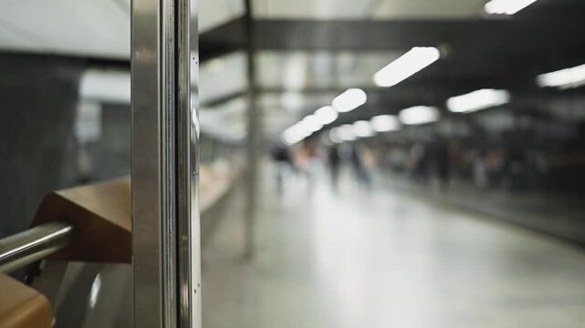 individuals walking through a subway station. The environment features bright overhead lights, smooth surfaces, and a bustling atmosphere