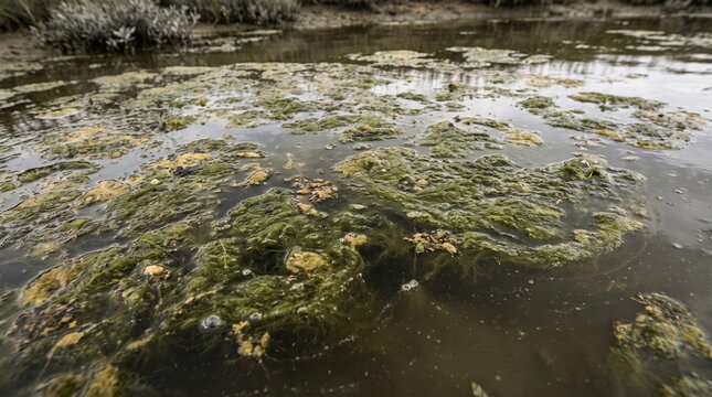 Polluted waterway with toxic algae bloom and debris near shoreline