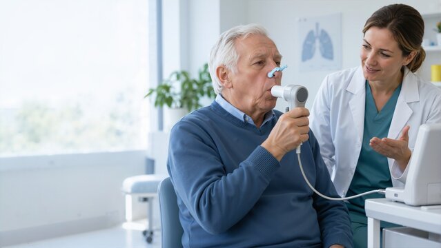 Senior man performing a spirometry test with a medical device. Elderly patient undergoing pulmonary function examination with a clinician. Respiratory health concept