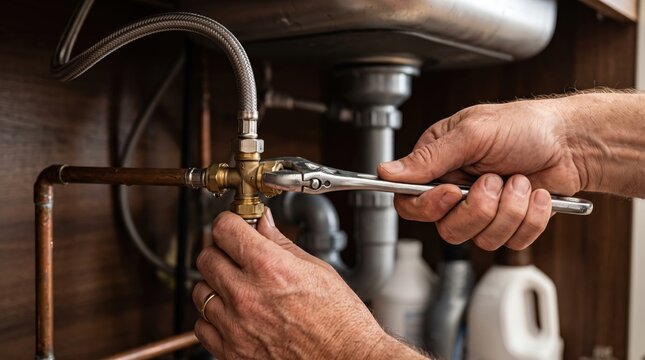Man Using Wrench for Plumbing Maintenance as Part of DIY Home Improvement & Repair Project