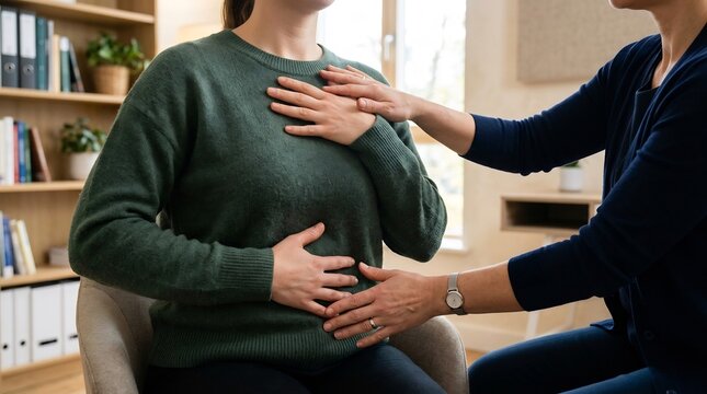 Adult practicing deep breathing exercise with hands on chest and abdomen for mindfulness