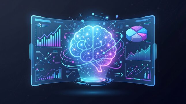 Digital brain hologram illustration with financial data charts and analytical graphics on dark background representing artificial intelligence concepts for modern data science and business computing.