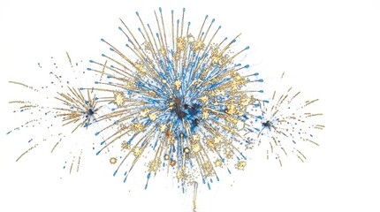 Fototapeta premium Blue and gold fireworks exploding isolated on white background. Festive pyrotechnic display for New Year celebration