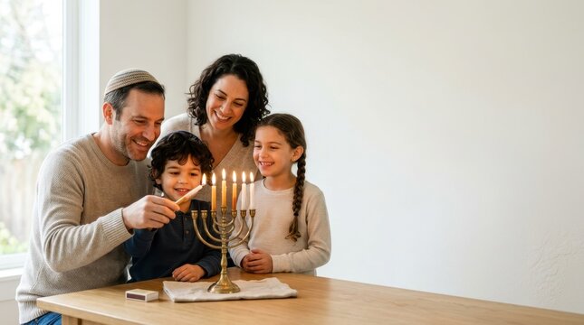 Jewish family lighting the menorah for Hanukkah. Parents and children celebrating religious holiday at home