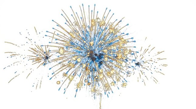 Blue and gold fireworks exploding isolated on white background. Festive pyrotechnic display for New Year celebration
