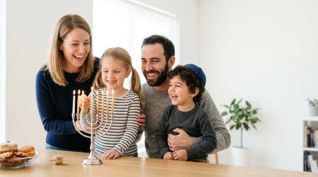 Happy family celebrating Hanukkah and lighting menorah candles. Jewish parents and children with sufganiyot and dreidel