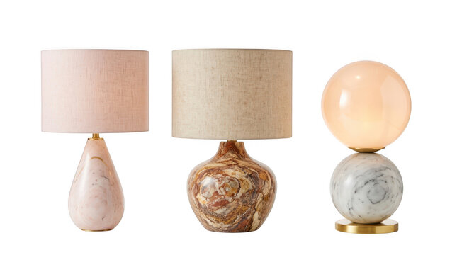 Set of three modern table lamps with marble bases and fabric shades isolated on transparent background