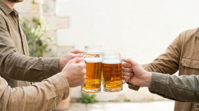 Friends toasting with beer steins in a casual outdoor setting. Celebration and friendship concept