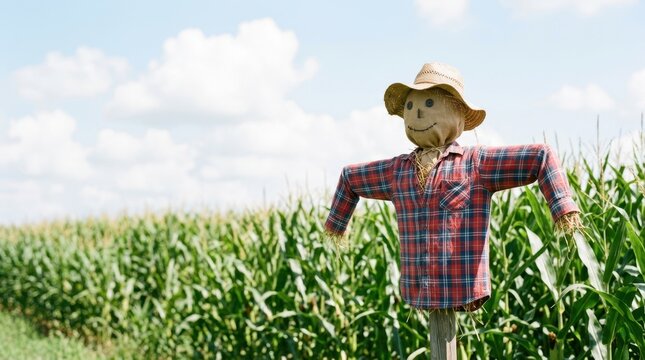 Scarecrow in a cornfield under a blue sky. Agricultural farm concept