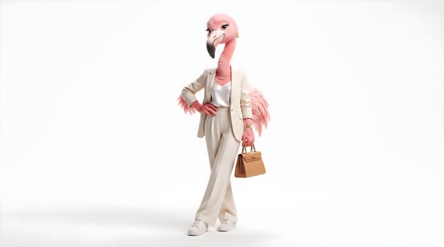 Elegant anthropomorphic flamingo character presenting a fashionable outfit in a confident pose, suitable for creative lifestyle and character concepts.