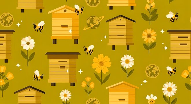 Seamless pattern featuring cute honeybees, wooden beehives, and blooming flowers on a yellow background.