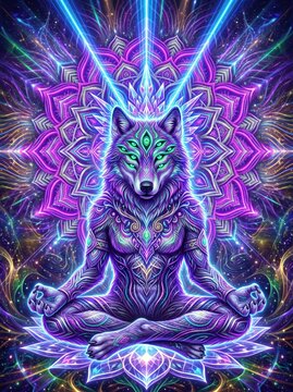 Psychedelic meditating wolf illustration, spiritual cosmic wolf in lotus pose, neon purple mandala background for yoga and meditation posters