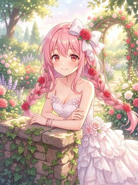 Anime girl with pink hair in a white wedding dress, cute manga character in a blooming rose garden, beautiful fantasy bridal illustration