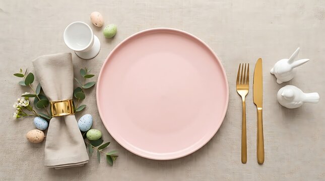 Easter table setting with pink plate and gold cutlery