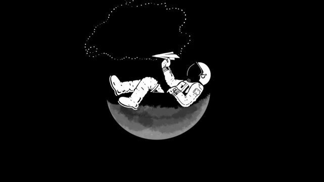 Minimalist astronaut resting on a crescent moon and throwing a paper plane into space, creative dream and imagination concept vector illustration