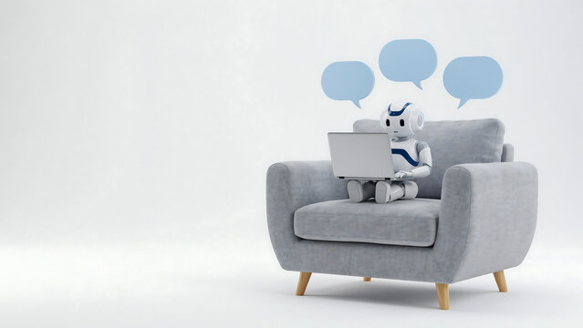 3d render of a small robot sitting on a gray armchair with wooden legs using a laptop with three blue speech bubbles floating above in a minimal room