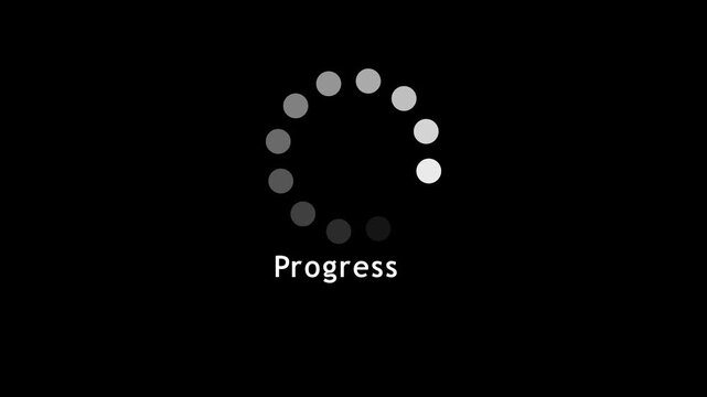 Minimalist progress spinner circle animation with Progress text on black background motion graphics overlay video element for website buffering, app processing, digital upload and status indicator.
