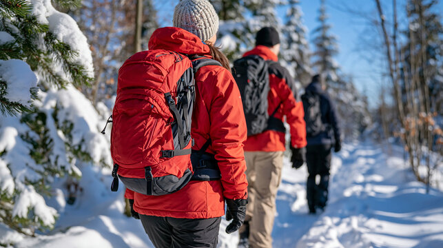 Bright alpine winter forest path with a rear view of friends hiking together beneath snow-laden trees, colorful outdoor clothing, compact backpacks and knitted hats, thick powder covering pine branc