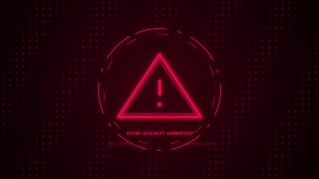 Cyber security alert warning sign with red digital glitch effect and system integrity compromised text overlay