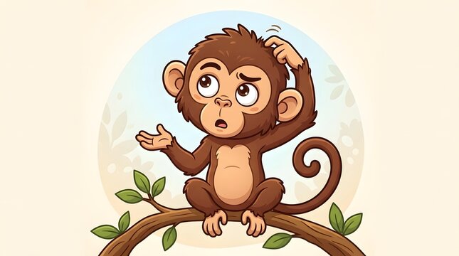 Illustration of a cute confused cartoon monkey sitting on a tree branch