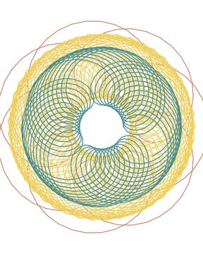pattern guilloche square Abstract spirograph pattern with vibrant yellow, teal, and red lines on a white background