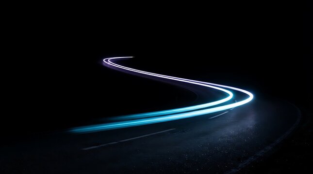 Blue light trails from vehicle headlights on a dark winding road at night