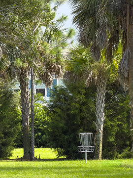 Metal basket target on a nine-hole disc golf course in a community park on a summer afternoon in southwest Florida. Motifs of course design, proximity, and recreation.