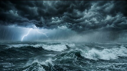 Obraz premium Stormy ocean with lightning and heavy rain