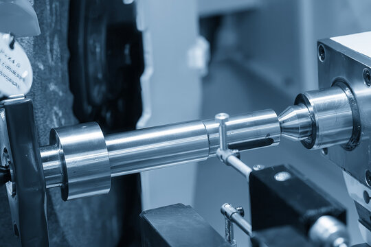 Surface finishing process of automotive metal shaft parts by a cylindrical grinding machine in a blue tone scene