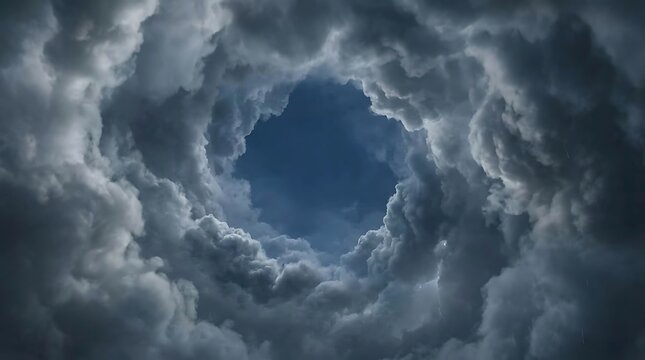 Dark storm clouds circling blue sky