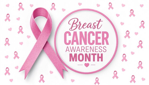 Pink breast cancer awareness month ribbon banner with white background