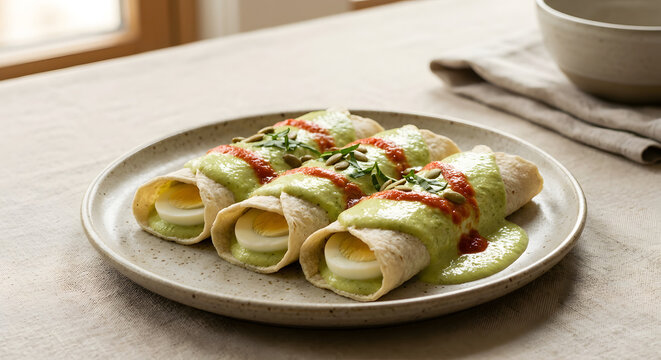 Yucatecan Papadzules with Egg and Pumpkin Seed Sauce