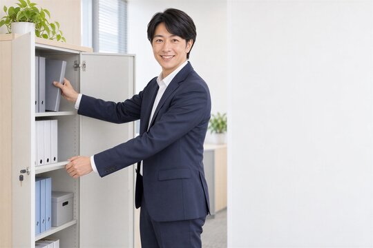 鍵付きキャビネットで書類を管理する日本人男性会社員