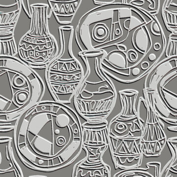 Seamless 3D embossed retro pattern with relief doodle line art ceramic vases, urns and abstract plates. Textured grey vector illustration with bas-relief effect in vintage mid-century modern style.