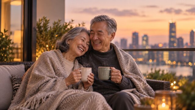 Happy senior Asian couple drinking coffee together on a city balcony at sunset