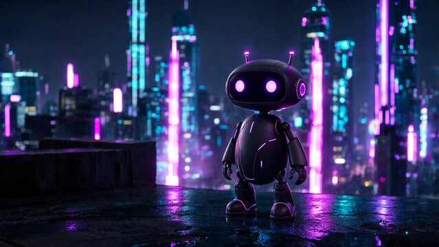 Small robot standing on a rooftop overlooking a neon city at night