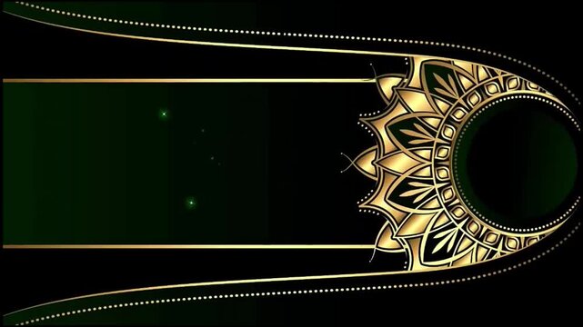 Islamic Luxury Gold Mandala Frame Banner Background with Glowing Green Sparkles Motion Graphic