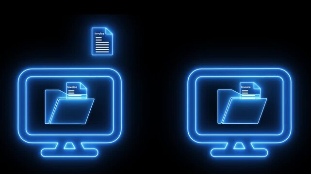 Secure document transfer between computers icons on transparent background. File sharing, cloud sync, and business communication systems. Motion graphics of file sharing concept blue neon animation