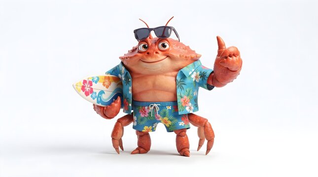 Playful anthropomorphic crab holding a surfboard in an upright pose, designed as a colorful marine-themed character for creative commercial concepts.