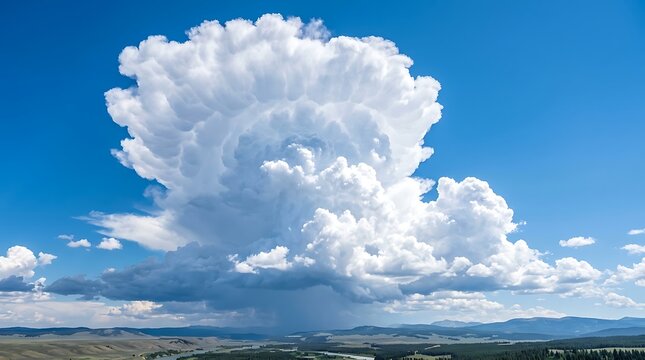 Towering cumulonimbus cloud over landscape and river