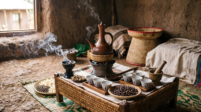 Traditional Ethiopian Coffee Ceremony Setup with Clay Jebena Pot Cini Cups Roasted Beans and Incense