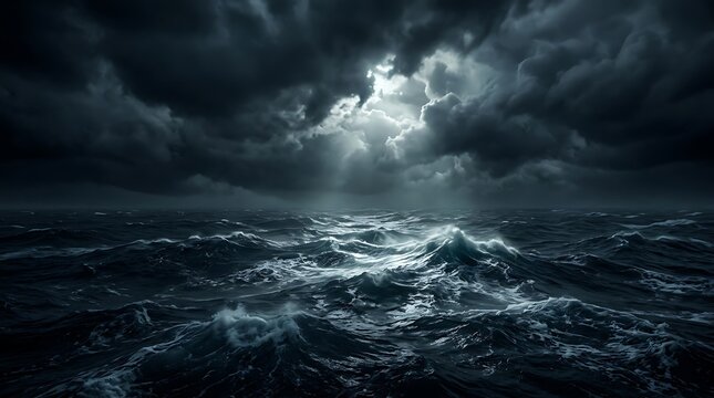 Turbulent ocean waves under stormy clouds