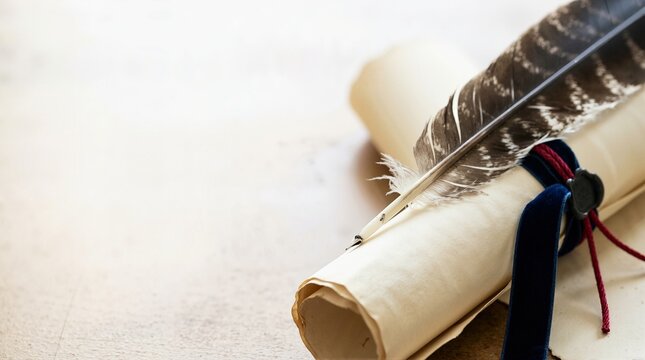 Quill pen lying on rolled parchment scroll with seal. Vintage legal document concept on neutral background with copy space