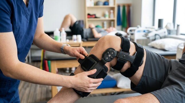 Professional clinician fitting a black hinged orthopedic knee brace on a patient's leg in a physiotherapy clinic