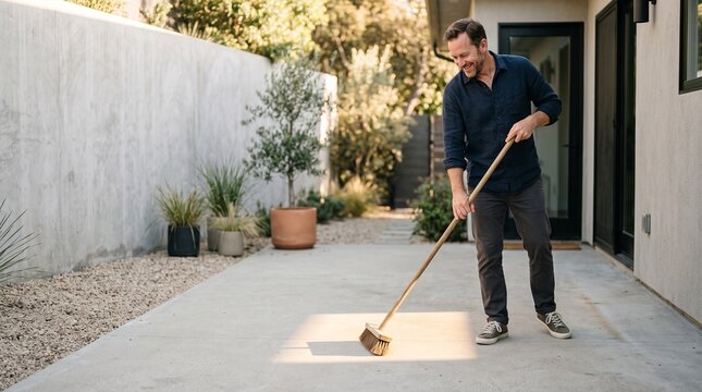 Smiling middle aged man sweeping outdoor patio with wooden broom during sunny afternoon while wearing casual dark blue button shirt
