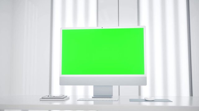 All in One Computer with Green Screen Mockup in Modern Laboratory Workspace