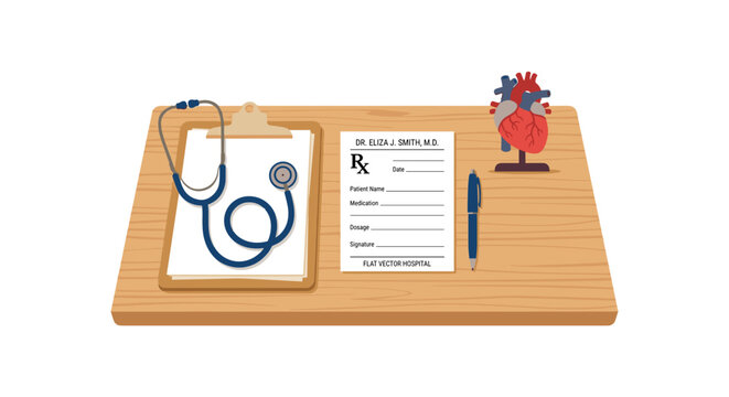 Doctor desk workspace with clipboard stethoscope prescription rx pad and anatomical heart model